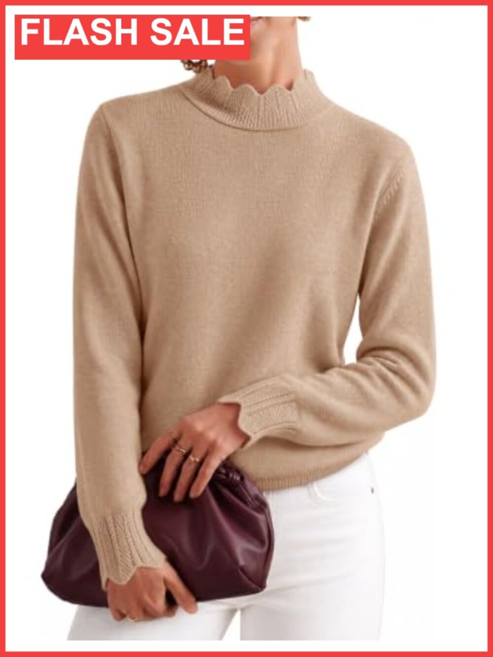 Scalloped Mock Neck Pullover Sweater Puff Sleeve Women's Fall Knit Top